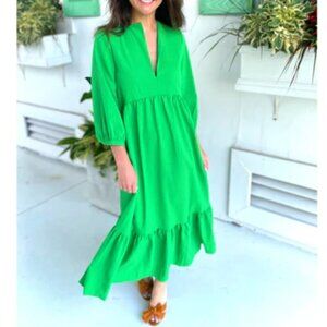 Zara Linen Blend Tiered Ruffle Hem Midi Dress Green Size Large